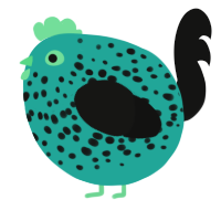 A turquoise and black chicken with a speckle pattern