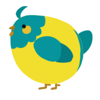 A yellow and teal chicken with a head pattern