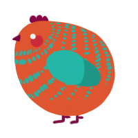 A vermilion and turquoise chicken with a bar pattern