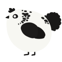A white and sable chicken with a neck-speckle pattern