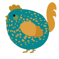 A teal and orange chicken with a speckle pattern