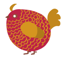 A crimson and ochre chicken with a lace pattern