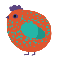 A vermilion and turquoise chicken with a speckle pattern