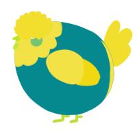 A teal and yellow chicken with a head pattern
