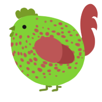 A grass and red chicken with a speckle pattern