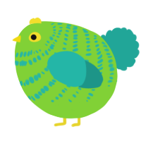 A grass and turquoise chicken with a bar pattern