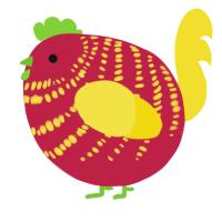 A crimson and yellow chicken with a bar pattern