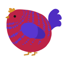 A crimson and indigo chicken with a bar pattern