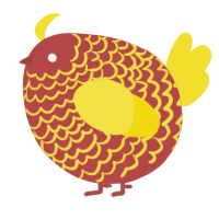 A red and yellow chicken with a lace pattern