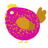 A fuchsia and ochre chicken with a speckle pattern