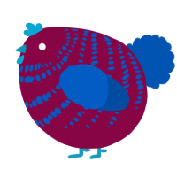 A maroon and ultramarine chicken with a bar pattern