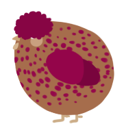 A brown and maroon chicken with a speckle pattern