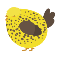 A yellow and bark chicken with a speckle pattern