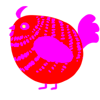 A grey and fuchsia chicken with a bar pattern