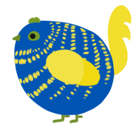 A ultramarine and yellow chicken with a bar pattern