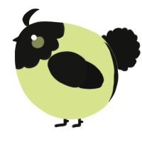 A lemon and black chicken with a head pattern