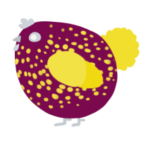 A wine and yellow chicken with a speckle pattern