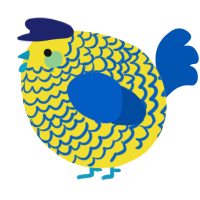 A yellow and ultramarine chicken with a lace pattern