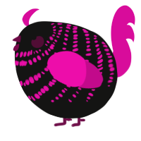 A black and fuchsia chicken with a bar pattern