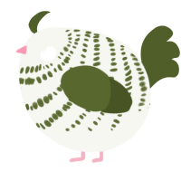 A white and olive chicken with a bar pattern
