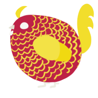 A crimson and yellow chicken with a lace pattern