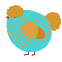 A aqua and orange chicken with a speckle pattern