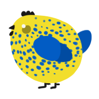 A yellow and ultramarine chicken with a speckle pattern