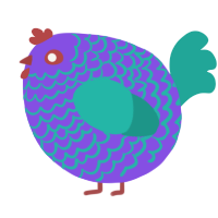 A blurple and turquoise chicken with a lace pattern