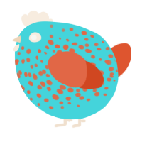 A aqua and vermilion chicken with a speckle pattern