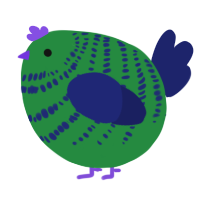 A viridian and navy chicken with a bar pattern
