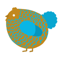 A ochre and cerulean chicken with a lace pattern