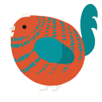 A vermilion and teal chicken with a bar pattern