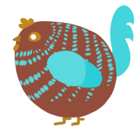 A russet and aqua chicken with a bar pattern