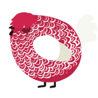 A crimson and white chicken with a double-lace pattern