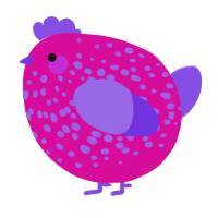 A fuchsia and blurple chicken with a speckle pattern