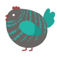 A grey and turquoise chicken with a bar pattern