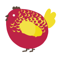 A crimson and yellow chicken with a half-lace pattern