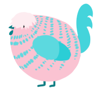 A rose and aqua chicken with a bar pattern