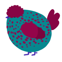 A teal and maroon chicken with a speckle pattern