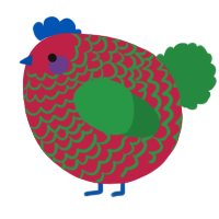 A crimson and viridian chicken with a lace pattern