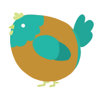 A gold and turquoise chicken with a head pattern