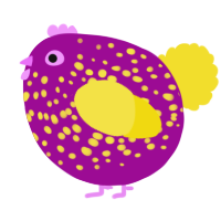 A plum and yellow chicken with a speckle pattern