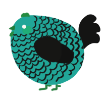 A turquoise and black chicken with a lace pattern