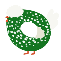 A leaf and white chicken with a speckle pattern