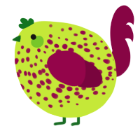 A lime and maroon chicken with a speckle pattern
