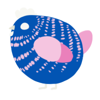 A ultramarine and pink chicken with a bar pattern