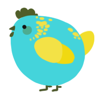 A aqua and yellow chicken with a neck-speckle pattern