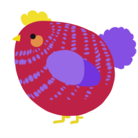 A crimson and blurple chicken with a bar pattern