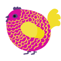 A fuchsia and yellow chicken with a lace pattern