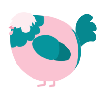 A rose and teal chicken with a head pattern